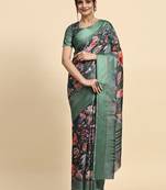 Green printed silk blend ethnic saree with blouse piece