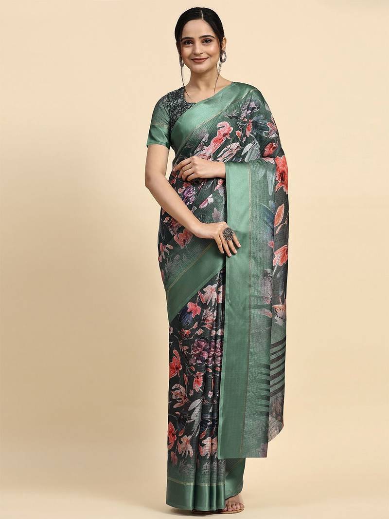 Green printed silk blend ethnic saree with blouse piece