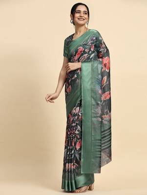 Green printed silk blend ethnic saree with blouse piece 2