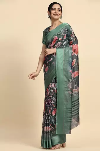 Green printed silk blend ethnic saree with blouse piece