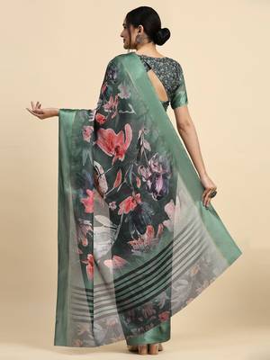 Green printed silk blend ethnic saree with blouse piece 3