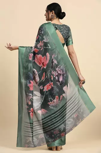 Green printed silk blend ethnic saree with blouse piece