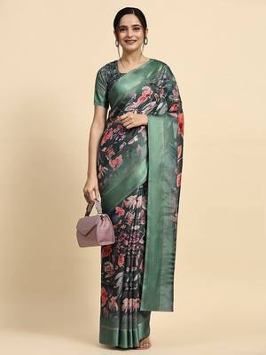 Green printed silk blend ethnic saree with blouse piece 4