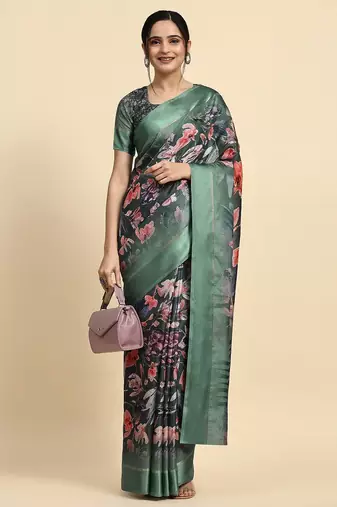 Green printed silk blend ethnic saree with blouse piece