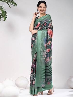 Green printed silk blend ethnic saree with blouse piece 5