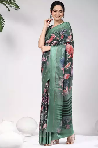 Green printed silk blend ethnic saree with blouse piece