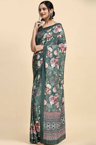 Green printed satin fashion saree with blouse piece