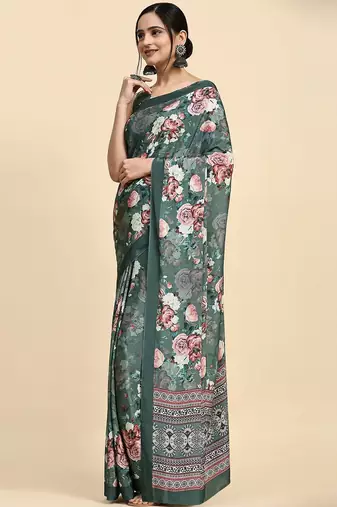 Green printed satin fashion saree with blouse piece