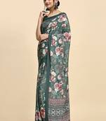 Green printed satin fashion saree with blouse piece