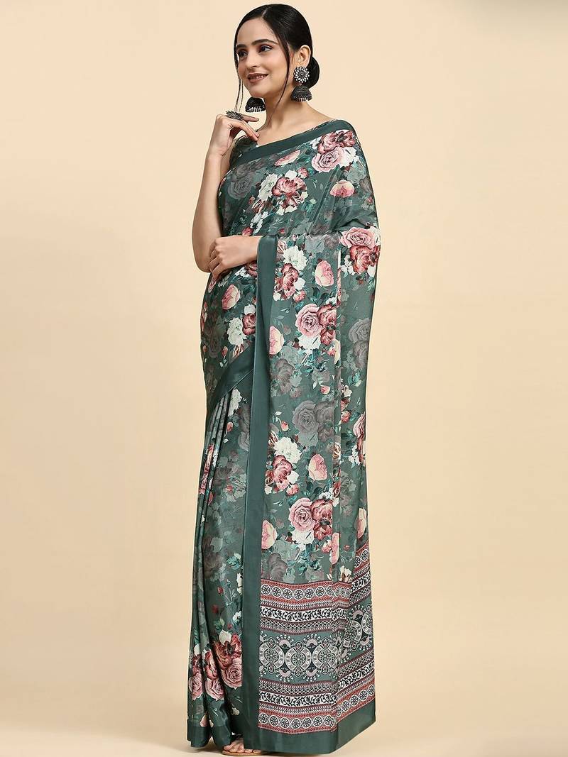 Green printed satin fashion saree with blouse piece