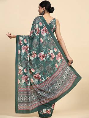 Green printed satin fashion saree with blouse piece 2
