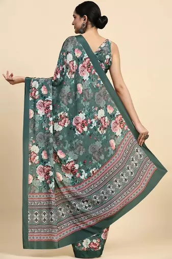 Green printed satin fashion saree with blouse piece