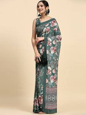 Green printed satin fashion saree with blouse piece 3