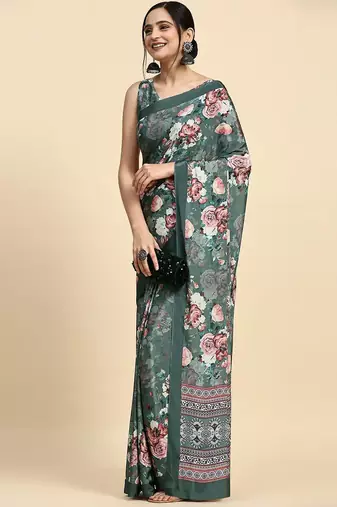 Green printed satin fashion saree with blouse piece