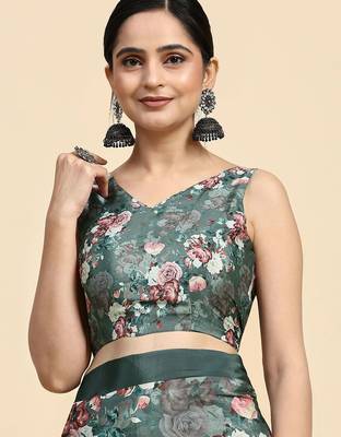 Green printed satin fashion saree with blouse piece 5