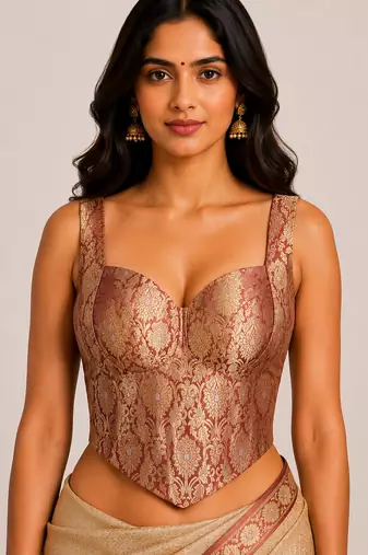 Onion pink jacquard silk designer readymade saree blouse for women | bridal wedding party wear padded blouse