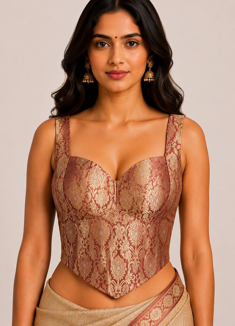 Onion pink jacquard silk designer readymade saree blouse for women | bridal wedding party wear padded blouse