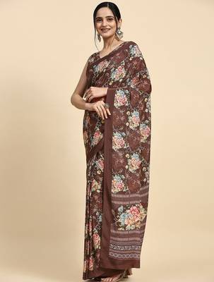 Brown printed satin fashion saree with blouse piece 1