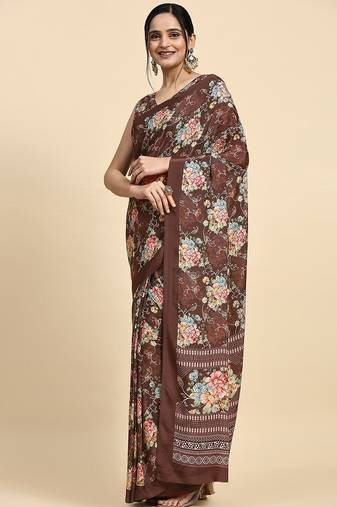 Brown printed satin fashion saree with blouse piece