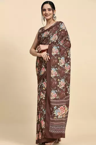 Brown printed satin fashion saree with blouse piece