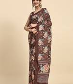 Brown printed satin fashion saree with blouse piece