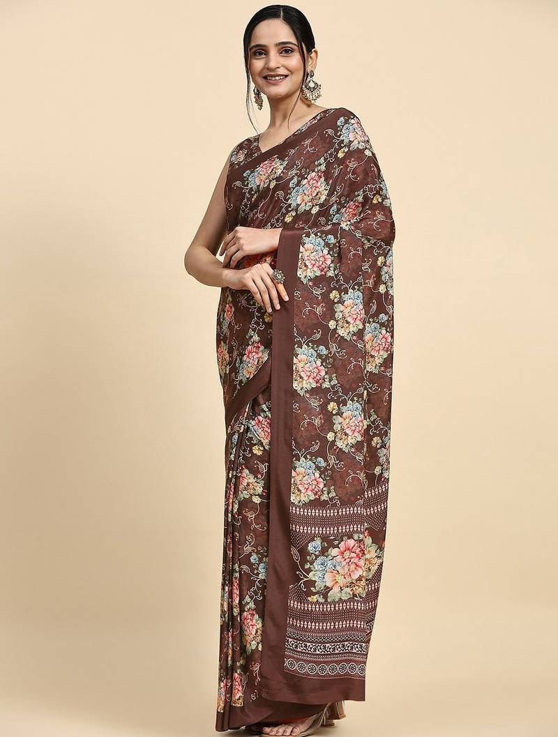 Brown printed satin fashion saree with blouse piece