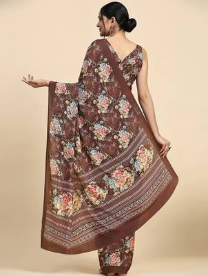 Brown printed satin fashion saree with blouse piece 2