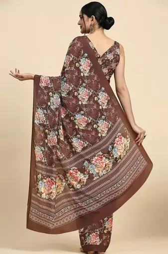 Brown printed satin fashion saree with blouse piece