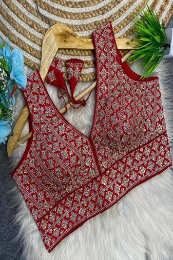 Red heavy embroidered silk bridal readymade blouse with sequin work | designer wedding party wear saree blouse