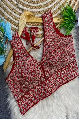 Red heavy embroidered silk bridal readymade blouse with sequin work | designer wedding party wear saree blouse