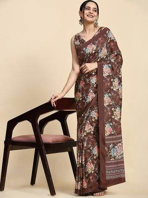 Brown printed satin fashion saree with blouse piece 3