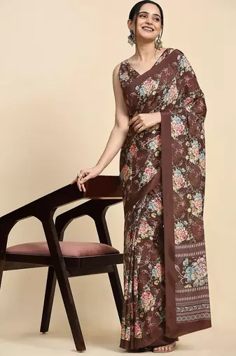 Brown printed satin fashion saree with blouse piece