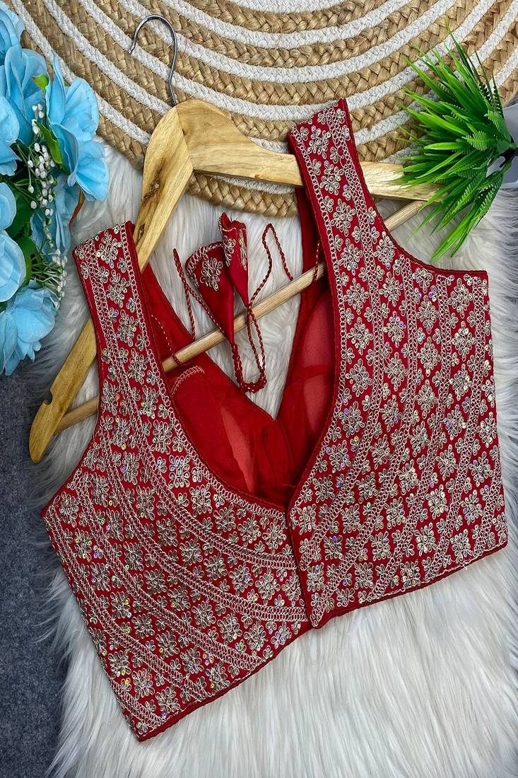 Red heavy embroidered silk bridal readymade blouse with sequin work | designer wedding party wear saree blouse