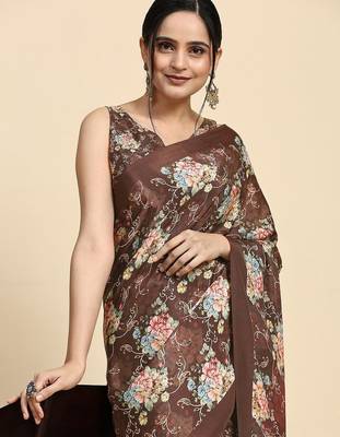 Brown printed satin fashion saree with blouse piece 4