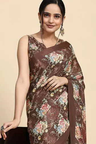 Brown printed satin fashion saree with blouse piece