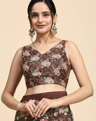Brown printed satin fashion saree with blouse piece 5