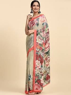 Beige printed satin fashion saree with blouse piece 1