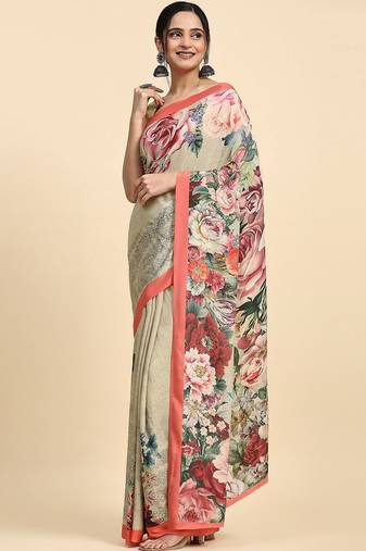 Beige printed satin fashion saree with blouse piece