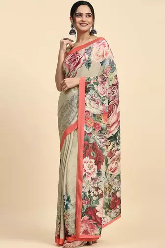 Beige printed satin fashion saree with blouse piece