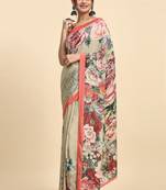 Beige printed satin fashion saree with blouse piece