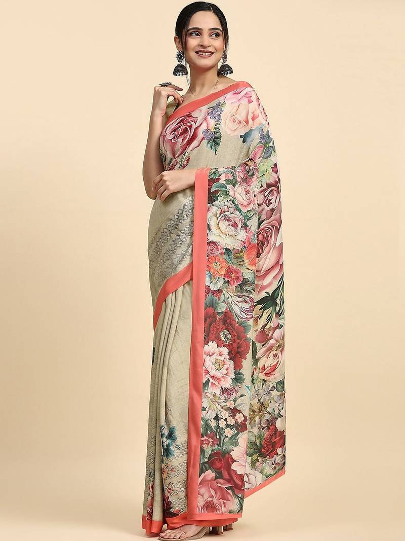 Beige printed satin fashion saree with blouse piece