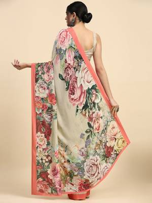 Beige printed satin fashion saree with blouse piece 2