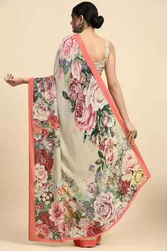 Beige printed satin fashion saree with blouse piece