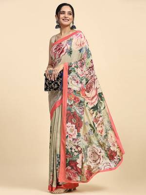 Beige printed satin fashion saree with blouse piece 3