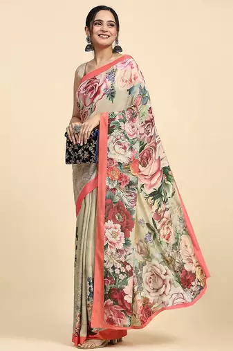Beige printed satin fashion saree with blouse piece