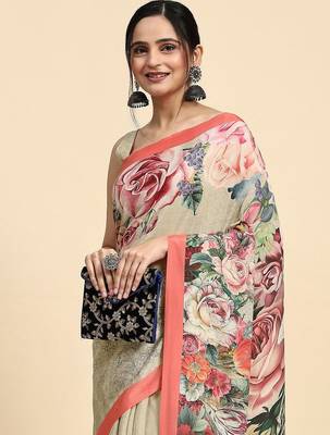 Beige printed satin fashion saree with blouse piece 4