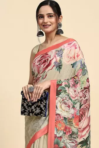 Beige printed satin fashion saree with blouse piece