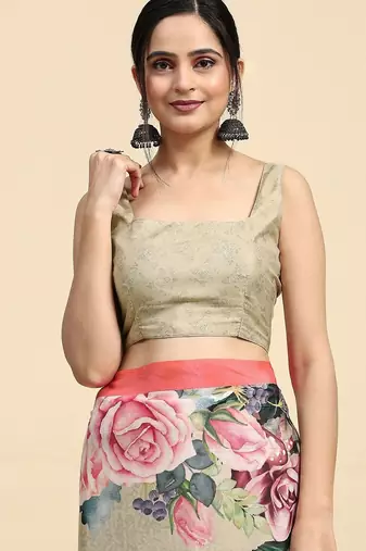 Beige printed satin fashion saree with blouse piece
