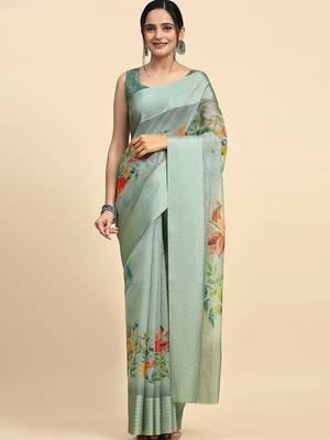 Green elegant printed polycotton saree with blouse piece 1