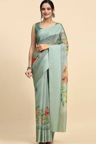 Green elegant printed polycotton saree with blouse piece